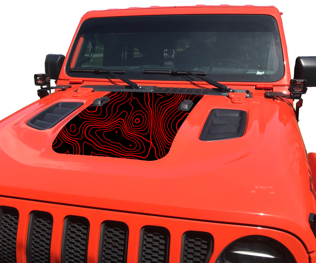 Jeep Wrangler JL Rubicon Hood Decals – Mountain Graphic Stickers (18-25, Red/Black)
