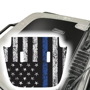 Distressed American Flag Thin Blue Line Hood Decal Compatible with Jeep Wrangler JL & Gladiator JT 2018-2024 05