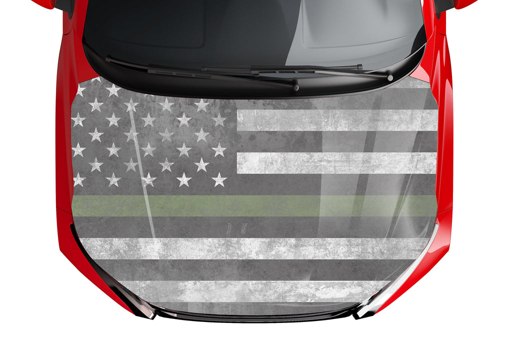 Premium Customizable Thin Green Line American Flag Hood Wrap Vinyl (52" x 72") 10 Year Wrap Vinyl for Vehicles