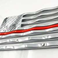 Chrome Waving American Flag Emblems with Thin Red Line