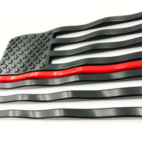 Matte Black Waving American Flag Emblems with Thin Blue Line
