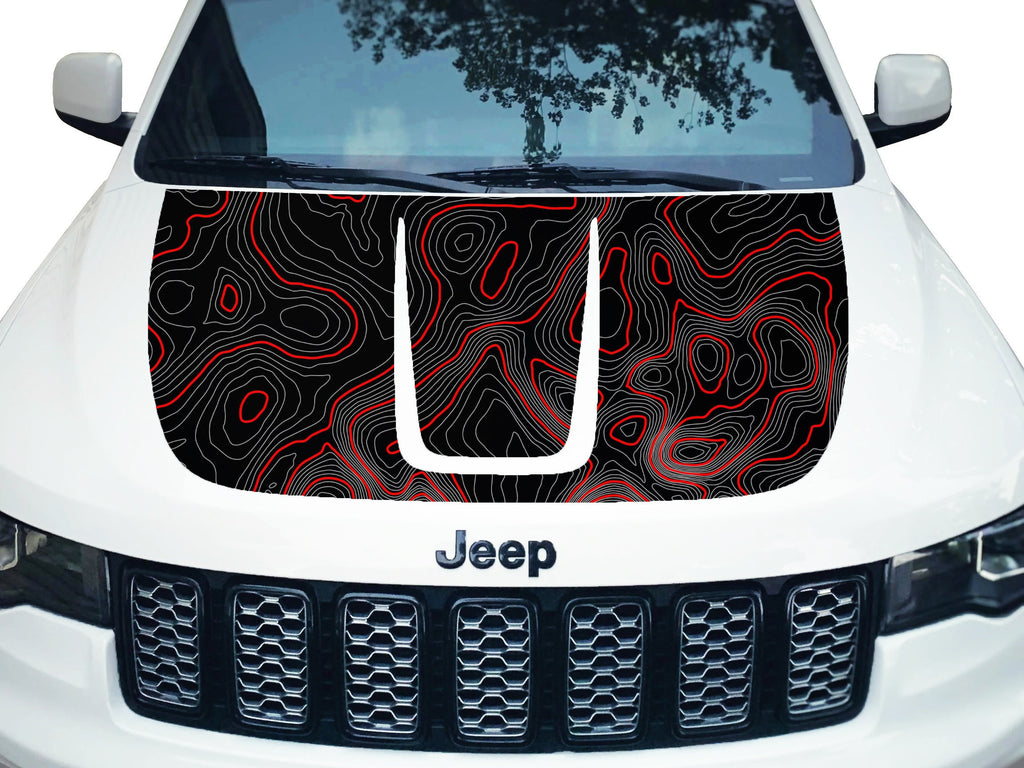 Customizable Topographic Topo Hood Decal Blackout Wrap compatible with Jeep Grand Cherokee 2011-2022 Topo02